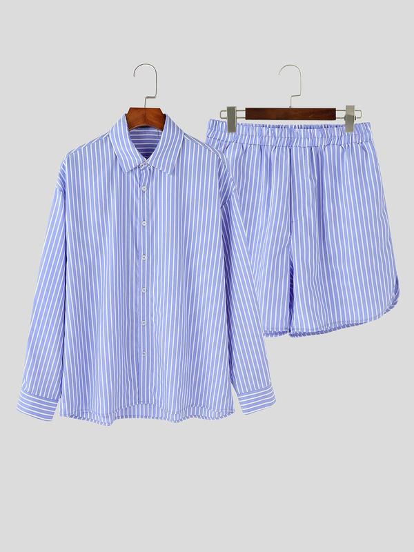 Men's Striped Print Button Front Shirt & Pocket Shorts Two-piece Set, Loose Casual Drop Shoulder Short Sleeve Top & Shorts, Men's Summer Outfits