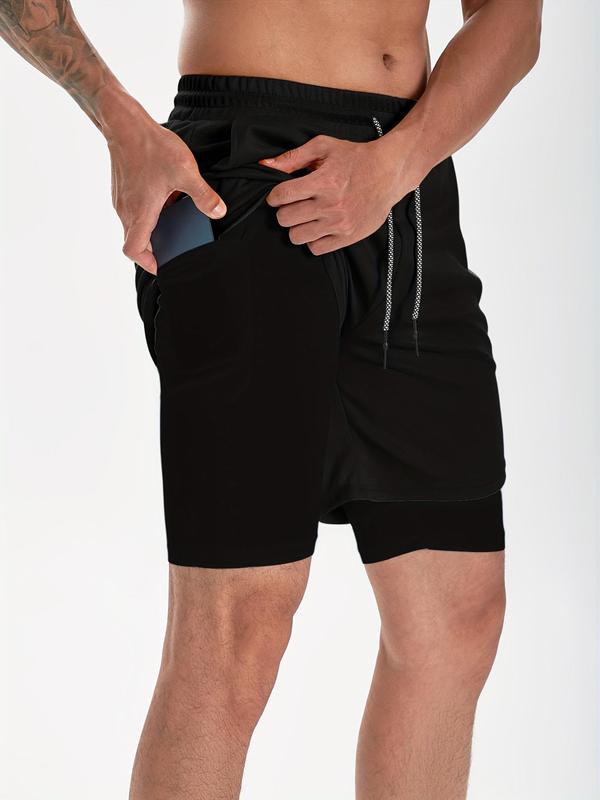 Men's 2 in 1 Drawstring Waist Shorts, Regular Fit Casual Pocket Shorts for Summer, Men's Bottoms for Daily Wear