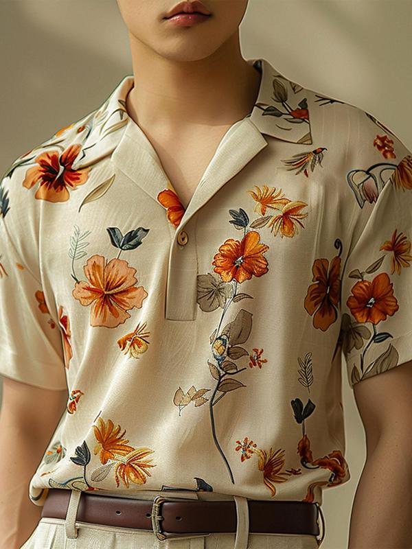 Men's Floral Print Button Front Polo Vintage Shirt, Loose Casual Short Sleeve Polo Collar Top for Summer, Fashion Men's Clothes for Beach Vacation Summer Shirt