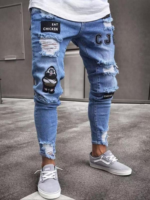 Men's Patched Ripped Skinny Jeans, Casual Comfy Pocket Zipper Design Denim Pants for Daily Wear, Fashion Men's Bottoms for All Seasons