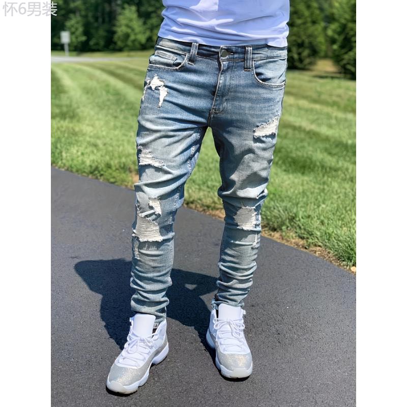 For All Seasons Slim Fit Vintage Style Denim Ripped Jeans Pants For Men Menswear Polyester