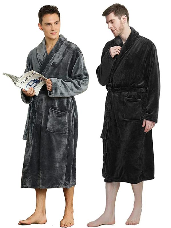 Men's Plain Long Sleeves Belted Pj Bathrobe Dressing Gown, Men Nightwear, Male Nightwear, Regular Fit Solid Tie Front Plush Fleece Robe for Home Spa, Cold Weather Gear, Cozy Comfort Men Homewear, Men Loungewear