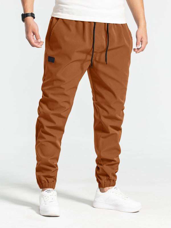 Men's Solid Patched Drawstring Waist Cargo Pants, Regular Fit Casual Pocket Trousers for Daily Wear, Men's Bottoms for All Seasons