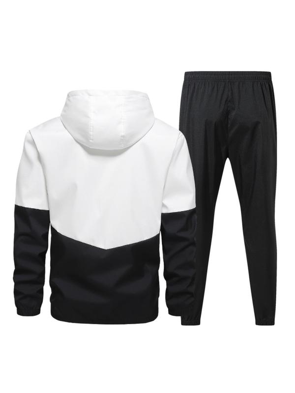 Men's Colorblock Zip Up Drawstring Hoodie & Elastic Waist Pants Two-Piece Set, Tight-Fitting Casual Breathable Quick Drying Long Sleeve Hooded Sweatshirt & Pocket Jogger Pants, Men's Sportswear Set for Outdoor Workout Running