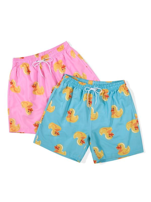 Men's Cartoon Duck Print Drawstring Shorts Set, Casual Elastic Waist Pocket Track Shorts for Summer, Back To School Outfits, Men's Bottoms for Outdoor Beach Holiday Vacation, Shorts for Men, Menswear