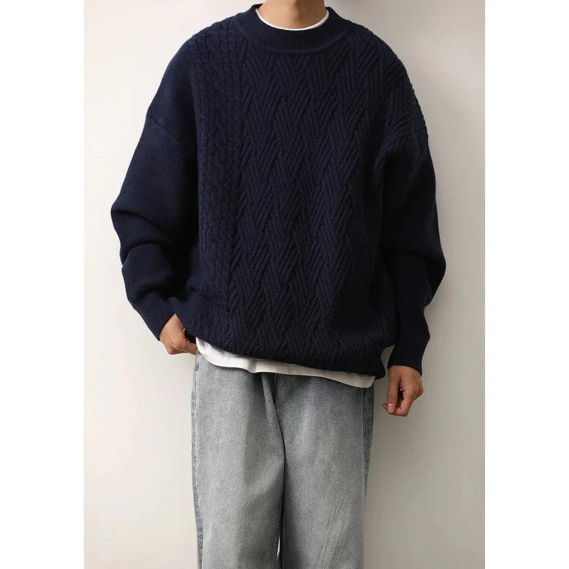 Autumn Winter Japanese Vintage Solid Color Sweater Men Women's Cable Knit Round Neck Warm Knitted Top Woolen Underwear Couple Ba