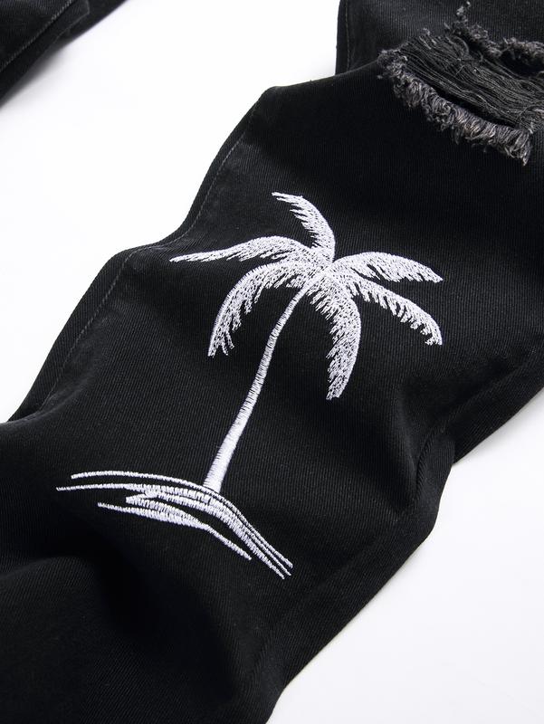 Men Letter & Palm Tree Print Embroidery Ripped Frayed Skinny Jeans Cotton Casual Menswear Stylish X517 Denim Elegant Vintage Streetwear