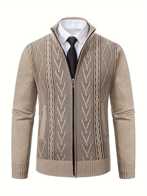 Men's Geometric Print Zipper Cable Knit Cardigan Sweater, Regular Fit Casual Long Sleeve Stand Collar Knitwear for Spring & Fall, Fashion Men's Knit Clothing for Daily Wear