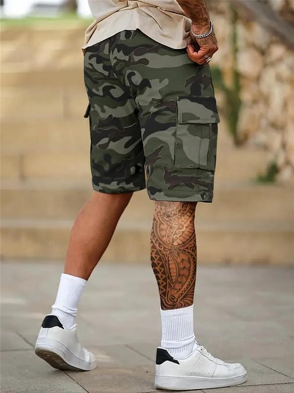 Men's Camo Print Patched Drawstring Waist Cargo Shorts, 3 Counts Regular Fit Casual Flap Pocket Elastic Waist Shorts for Summer, Men's Bottoms for Daily Wear