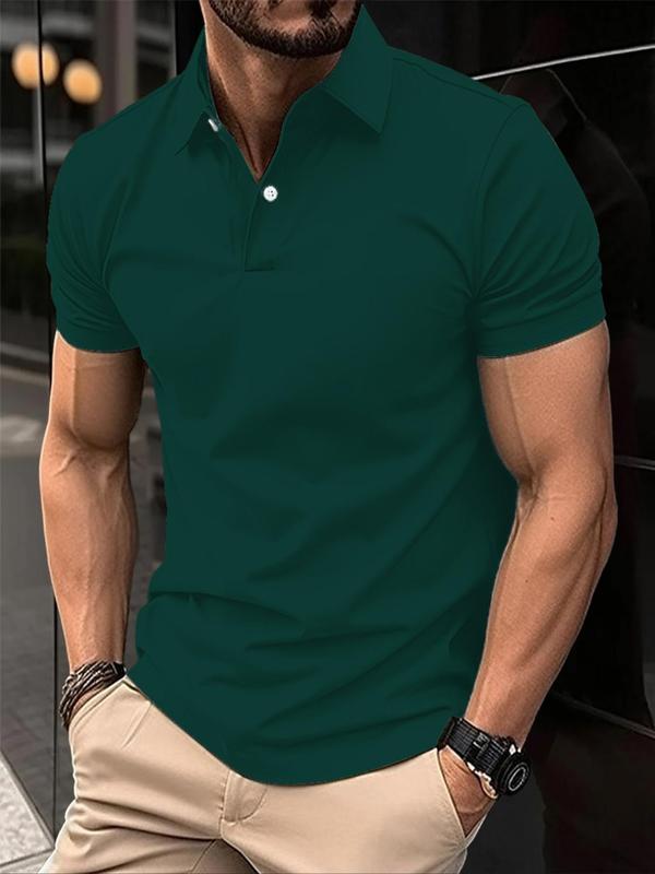 Men's Solid Short Sleeve Polo Shirt, Casual Regular Fit Button Front Collared Top for Summer, Fashion Men's Clothes for Daily Streetwear