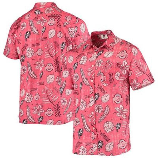 Ohio State Buckeyes Wes & Willy Vintage Florolt Hawaiian Aloha Shirts Graphic Print Short Sleeve Hawaiian Casual Shirt Men Size S-5XL