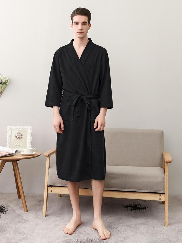 Men's Solid Belted Pocket Wrap Bathrobe, Loose Casual Comfortable V Neck 3 4 Sleeve Dressing Gown For Daily Wear, Men's Sleepwear For Spring & Summer, Menswear Soft PJ Clothing