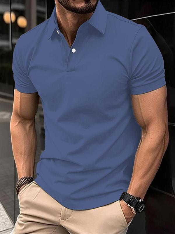 Men's Solid Short Sleeve Polo Shirt, Casual Regular Fit Button Front Collared Top for Summer, Fashion Men's Clothes for Daily Streetwear