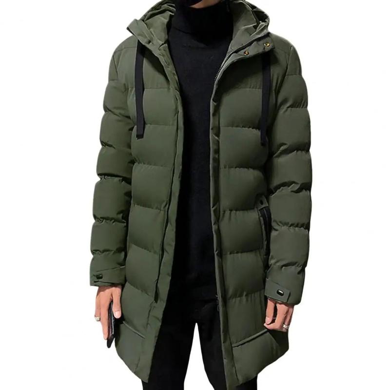 Men Long Down Jackets WinterCotton Padded Hooded Long Sleeve Drawstring Mid-length Windbreaker for Daily Wear