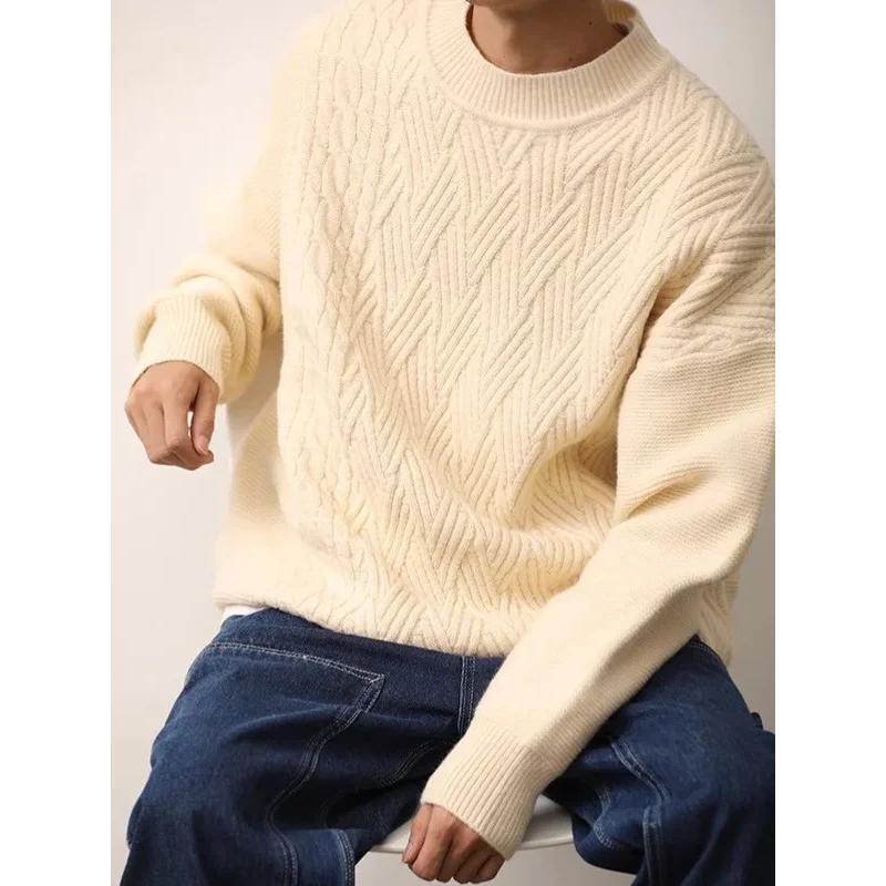 Autumn Winter Japanese Vintage Solid Color Sweater Men Women's Cable Knit Round Neck Warm Knitted Top Woolen Underwear Couple Ba