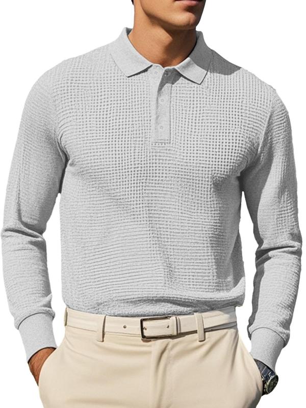 Men's Solid Long Sleeve Polo Shirt, 2024 New Style Regular Fit Casual Button Front Top for Spring & Fall, Fashion Men's Clothes for Daily Wear