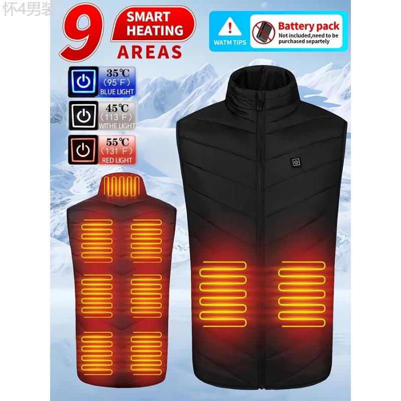 Thermal Heated Vest for Men - 9 Zone Smart Heating, Adjustable Temperature Control, USB Powered, Ideal for Autumn and Winter Outdoor Activities - Battery Pack Sold Separately Menswear Collar Day Polyester Tops Fabric Beige Casual Plain Sleeveless