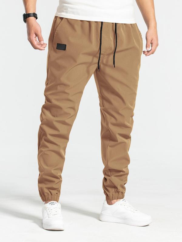 Men's Solid Patched Drawstring Waist Cargo Pants, Regular Fit Casual Pocket Trousers for Daily Wear, Men's Bottoms for All Seasons