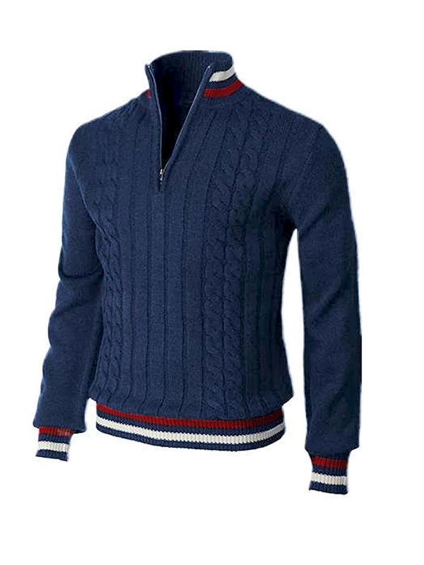 Men's Striped Trim Half Zip Sweater, Regular Fit Casual Long Sleeve Stand Collar Jumper for Fall & Winter, Men's Knitwear for Daily Wear