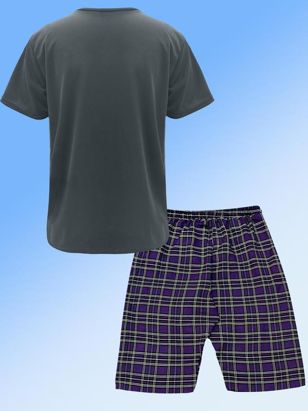 Men's Regular Fit Plain Round Neck Tee & Plaid Print Pocket Shorts Pyjama Set, Casual Comfy Short Sleeve T-shirt & Drawstring Waist Shorts Pj Set for Daily Wear, Sleepwear Set for Men