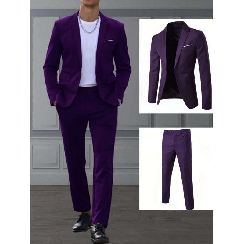 Long Sleeve Slim Fit Men's Business Casual Suit Set - Polyester Rayon Blend Blazer & Dress Pants, Perfect for Spring Fall