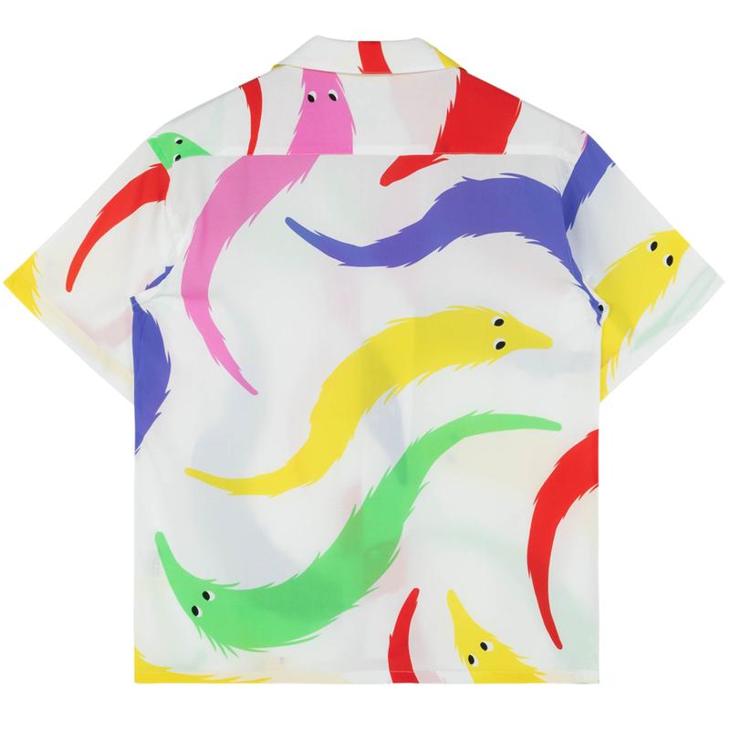 Steady Hands Worm on a String Short Sleeve Button Up White Red Green Yellow Blue Worms