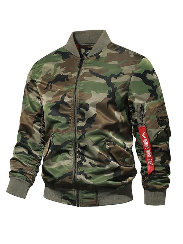 Men's Camo Print Zip Up Pocket Bomber Jacket, Regular Fit Casual Long Sleeve Stand Collar Outerwear for Fall & Winter, Men's Clothes for Daily Wear