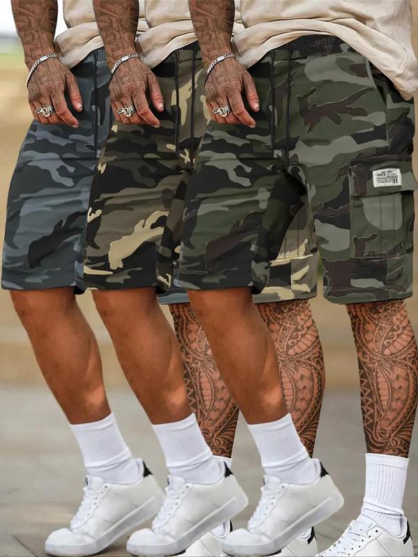 Men's Camo Print Patched Drawstring Waist Cargo Shorts, 3 Counts Regular Fit Casual Flap Pocket Elastic Waist Shorts for Summer, Men's Bottoms for Daily Wear