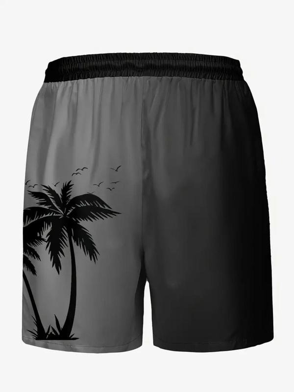 Men's Regular Fit Palm Tree Print Drawstring Waist Beach Shorts, Casual Pocket Beach Shorts for Summer, Fashion Men's Bottoms for Vacation Holiday Beach