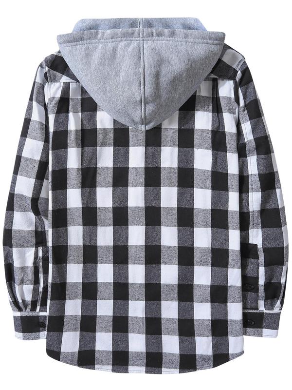  Men's Plaid Print Button Front Drawstring Hooded Coat, Regular Fit Hooded Jacket, Casual Long Sleeve Pocket Outerwear for Spring & Fall, Men's Clothes for Daily Wear