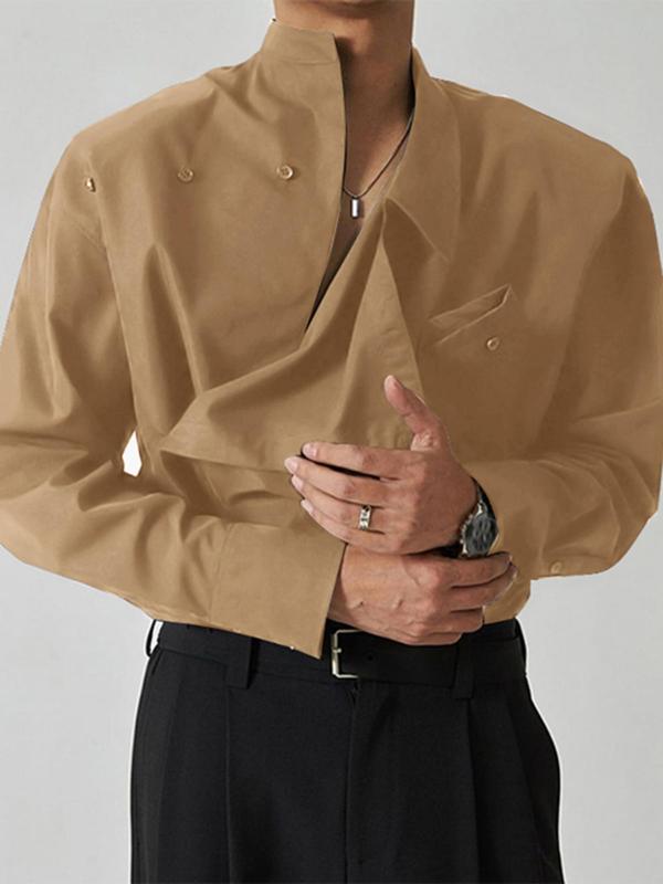 Men's Asymmetrical Neck Button Front Shirt, Loose Casual Pocket Long Sleeve Top, Shirts for Men, Fashion Men's Streetwear Clothes for Daily Wear Longsleeves