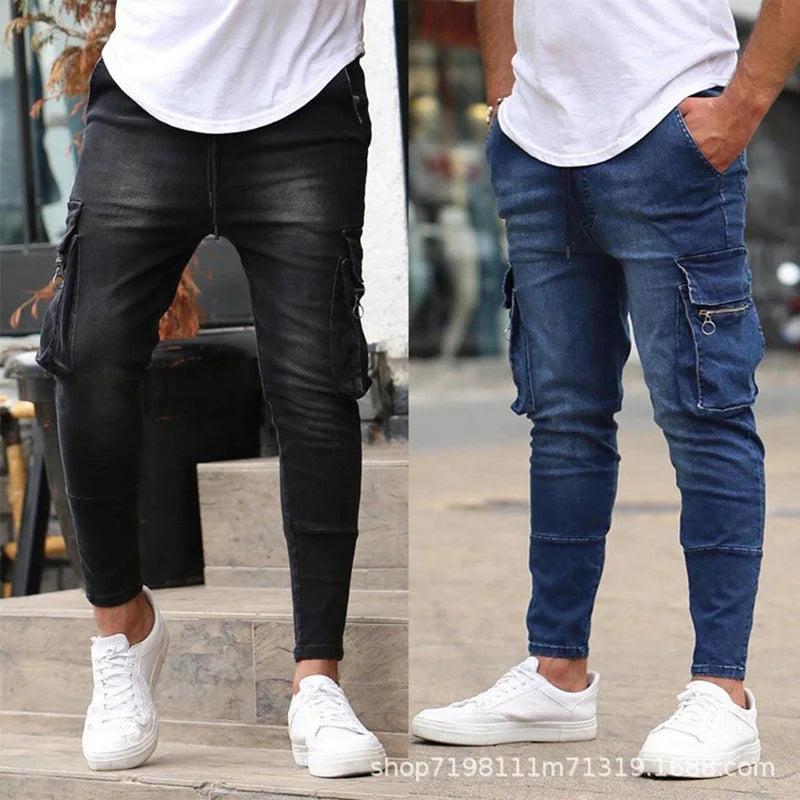 Men's Elastic Denim Cargo Pants ? | Multi-Pocket Slim Fit Casual Joggers | Mid-Waist Daily Wear