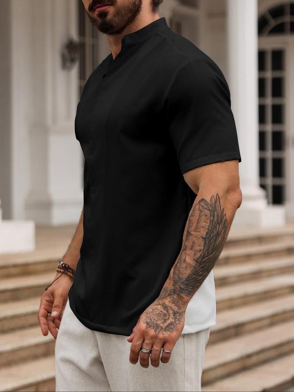 Men's Solid Notched Neck Shirt, Regular Fit Casual Short Sleeve Top for Summer, Men's Top for Daily Wear