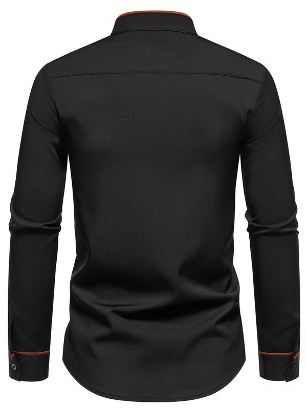 Men's Contrast Binding Button Front Curved Hem Shirt, Regular Fit Casual Long Sleeve Mock Neck Top for Daily Wear, Men's Clothes for All Seasons