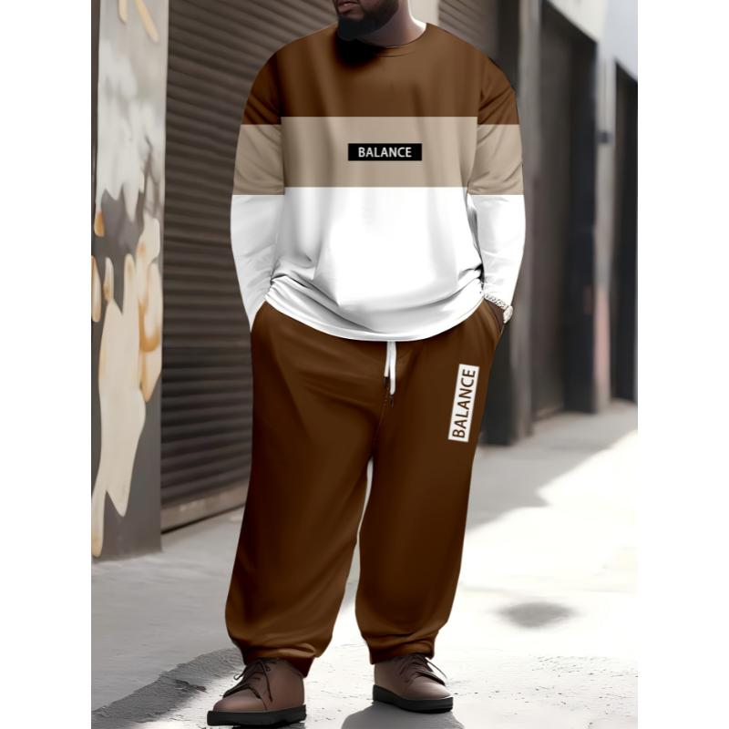 2 Pcs Men's Plus Size Casual Tracksuit Set, Color Block BALANCE Print Sweatshirt & Drawstring Pants for Fall Winter