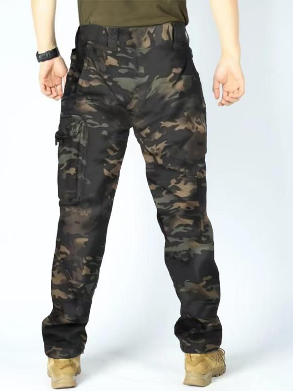 Men's Solid   Camo Pocket Button Pants, Regular Fit Casual Comfy Waterproof Windproof Tactical Pants for Outdoor Activities, Men's Trousers for Fall & Winter