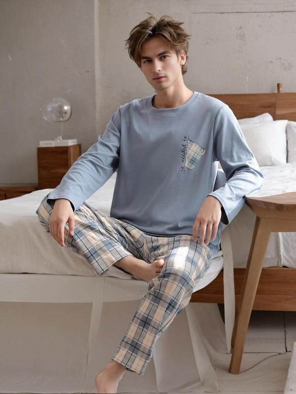 Two-Piece Set Men's Pocket Tee & Plaid Print Pants Pyjama, Regular Fit Casual Comfy Round Neck Long Sleeve T-shirt & Trousers PJ Set, Men's Sleepwear for Spring & Fall