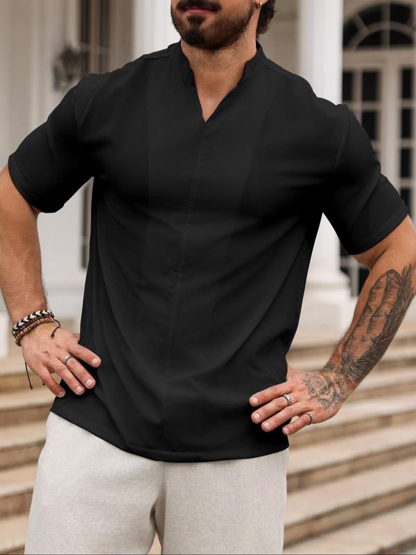 Men's Solid Notched Neck Shirt, Regular Fit Casual Short Sleeve Top for Summer, Men's Top for Daily Wear