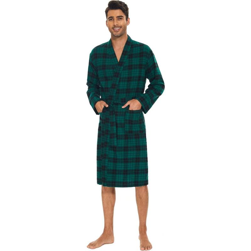 Men's Flannel Robe Knee Length Plaid Bathrobe