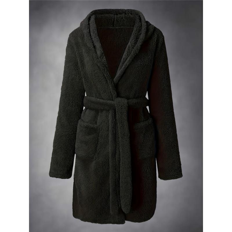 Men's Comfy Solid Fleece Robe Home Pajamas Wear With Pockets, One-piece Lace Up Kimono Night-robe Warm Sets After Bath