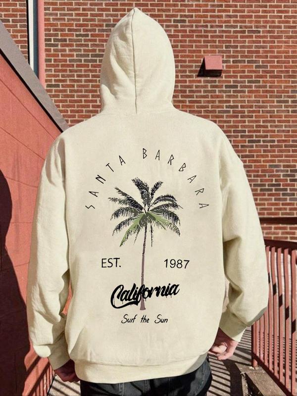 Men's Letter & Palm Tree Print Drop Shoulder Hoodie, Regular Fit Fashion Casual Drawstring Pocket Hooded Sweatshirt for Daily Holiday Outdoor Wear, Men Clothes for Spring & Fall