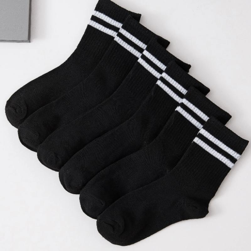 6pairs set Men's Striped Design Mid-calf Socks In Black And White