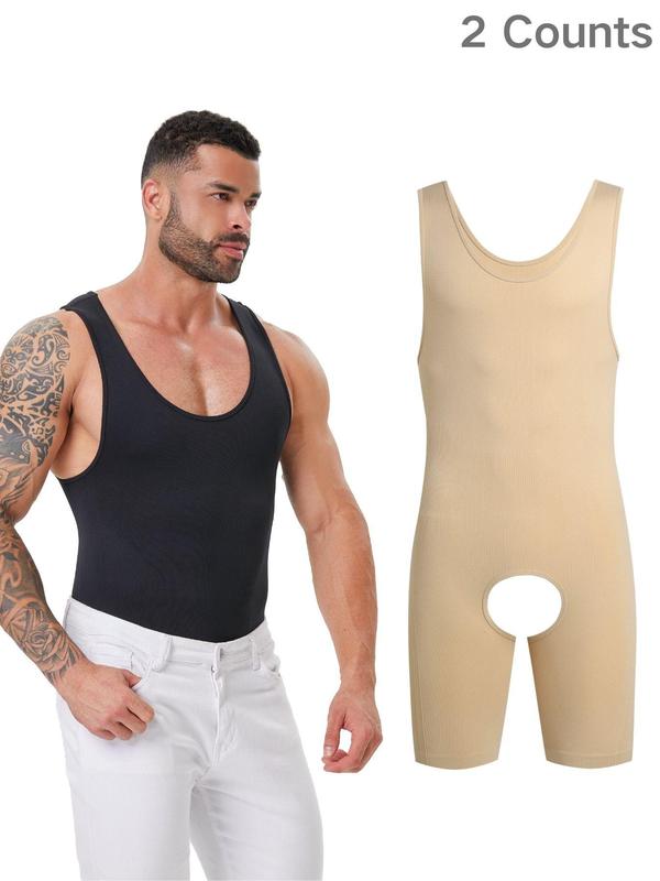 Men's Solid Open Crotch Shapewear Bodysuit, High Stretch Shaper, Tummy Control Butt Lifter, Men's Shapewear for All Seasons