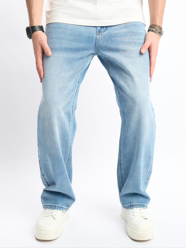 Baggy Men's Loose Button Fly Straight Leg Jeans, Casual Comfy Pocket Denim Pants for Daily Wear, Fall Clothes, Fashion Men's Bottoms for All Seasons