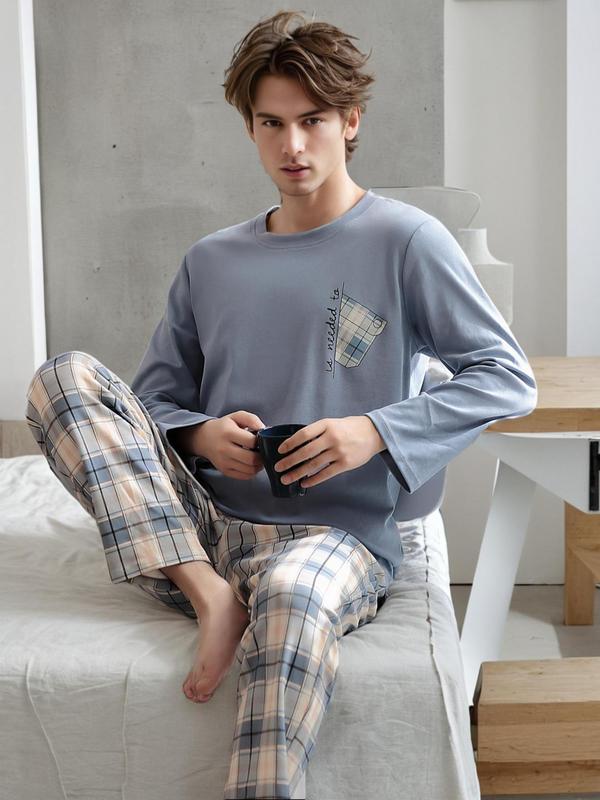 Two-Piece Set Men's Pocket Tee & Plaid Print Pants Pyjama, Regular Fit Casual Comfy Round Neck Long Sleeve T-shirt & Trousers PJ Set, Men's Sleepwear for Spring & Fall