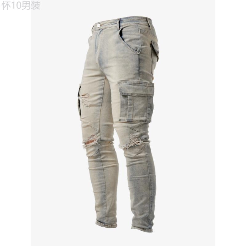 Slim Fit Multi-Pocket Jeans, Men's Casual Street Style High Stretch Denim Pants For All Seasons Outdoor Menswear Spandex Trouser Fabric Streetwear Polyester Cotton Beige