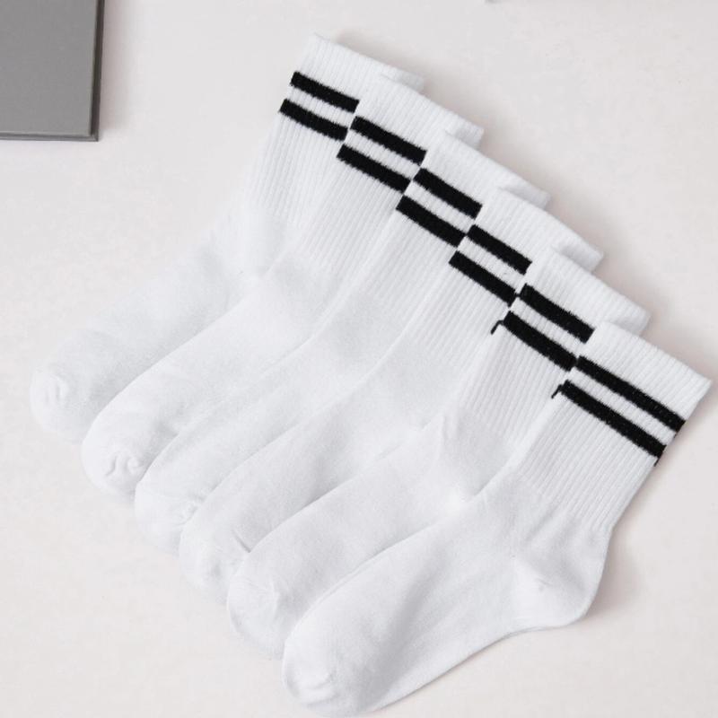 6pairs set Men's Striped Design Mid-calf Socks In Black And White