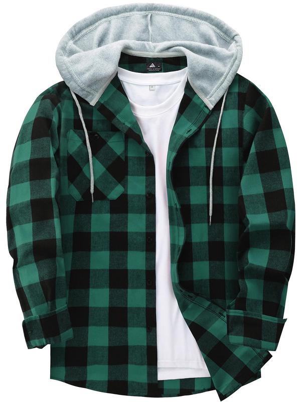  Men's Plaid Print Button Front Drawstring Hooded Coat, Regular Fit Hooded Jacket, Casual Long Sleeve Pocket Outerwear for Spring & Fall, Men's Clothes for Daily Wear