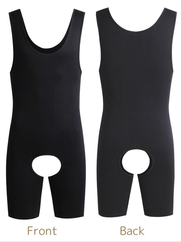 Men's Solid Open Crotch Shapewear Bodysuit, High Stretch Shaper, Tummy Control Butt Lifter, Men's Shapewear for All Seasons