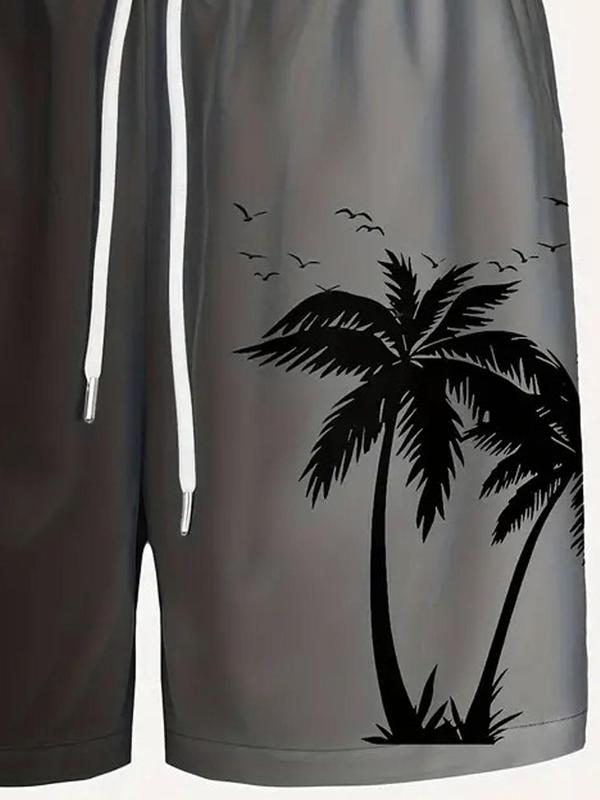 Men's Regular Fit Palm Tree Print Drawstring Waist Beach Shorts, Casual Pocket Beach Shorts for Summer, Fashion Men's Bottoms for Vacation Holiday Beach